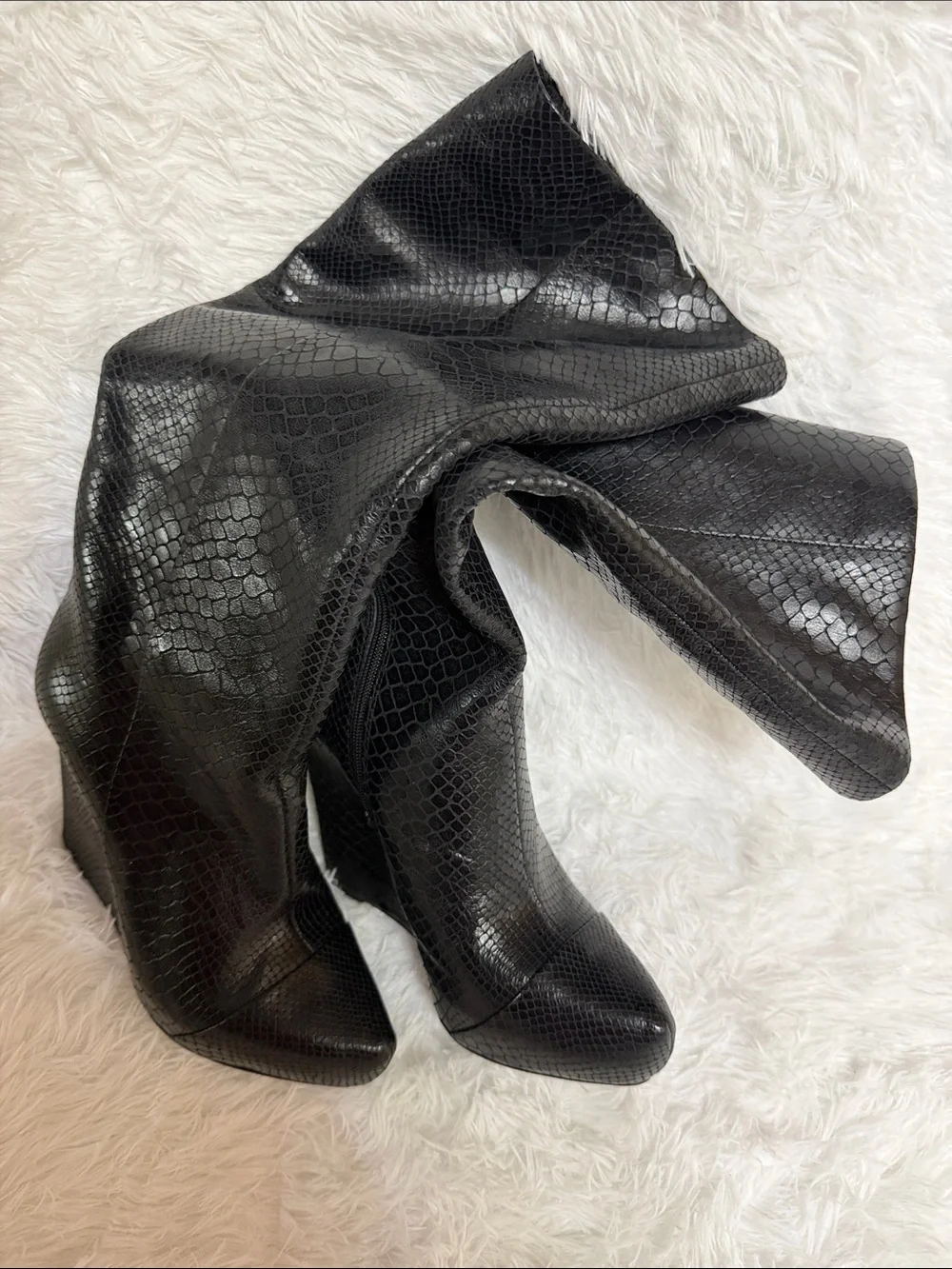Boutique 9 Black Leather-Textured Wedge Below Knee Boots NWOT